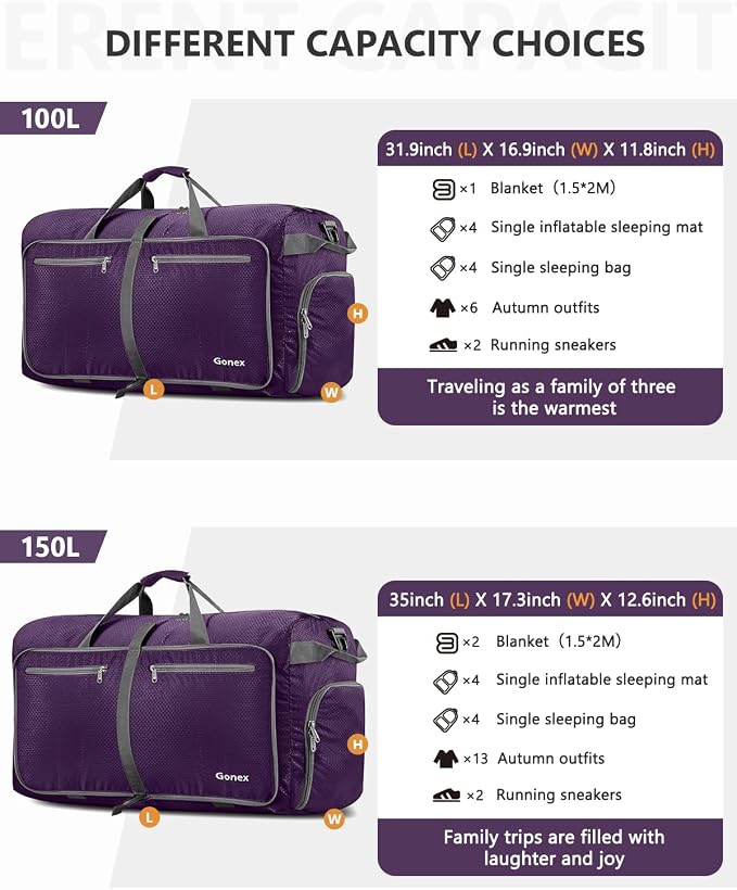 Gonex Foldable Travel Duffle Bag, Lightweight with Shoe Compartment | 210D Nylon, Water-Repellent, Folds Compact, Multiple Pockets, Luggage Sleeve, Travel & Weekend Use, 40L, Purple - Image 4