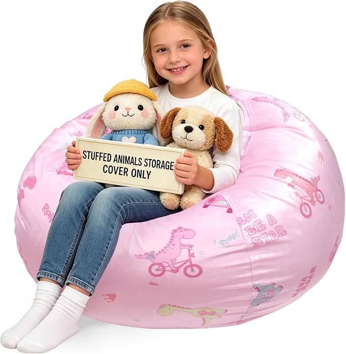 Lukeight Dinosaur Stuffed Animal Storage Bean Bag Chair Cover for Kids, Velvet Plush Toy Organizer Seat, Cover Only, No Filling Included, Long YKK Zipper, Side Pocket, X-Large 30"D x 18"H by Lukeight