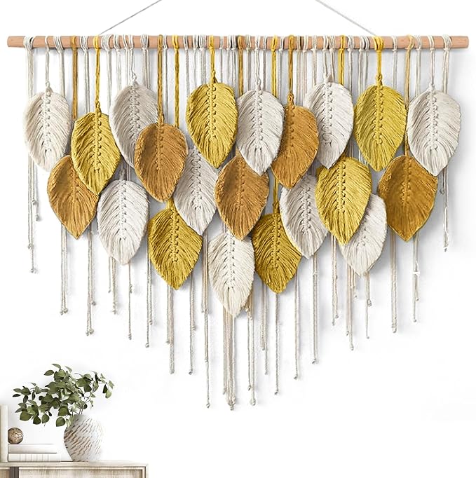 Large Macrame Wall Hanging Boho Woven Tapestry Bohemian Farmhouse Wall Art | KHOYIME Handmade Yellow Leaf Feather Chic Modern Home Decoration for Living Room Bedroom Nursery Dorm Backdrop 39"W X 29.5"L by KHOYIME
