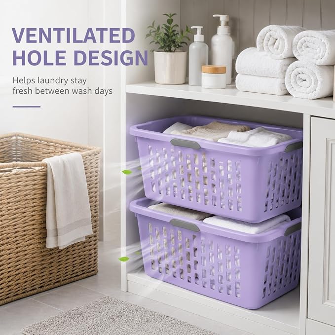 Laundry Basket 2 Bushel Plastic with 4 Handles 6 Pack Lilac | 6-Pack 2 Bushel Laundry Baskets with 4 Comfort-Grip Handles – Carries easily from any side. Rectangular ventilation holes - Image 5