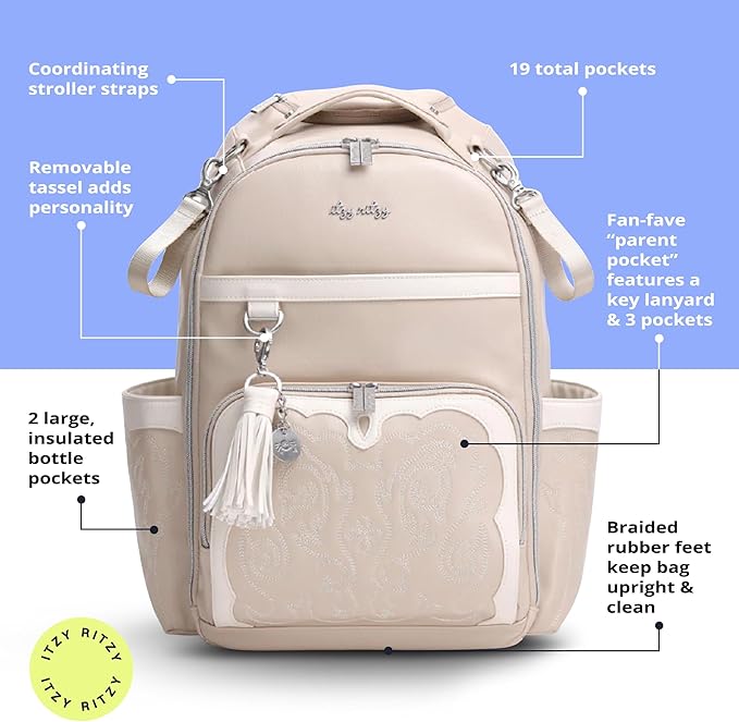 Itzy Ritzy Boss Plus Large Diaper Bag Backpack with 19 Pockets (Oat) | Includes 2 Insulated Bottle Pockets, Changing Pad, Stroller Clips, Comfortable Padded Straps, Easy-to Clean, Travel-Ready - Image 2