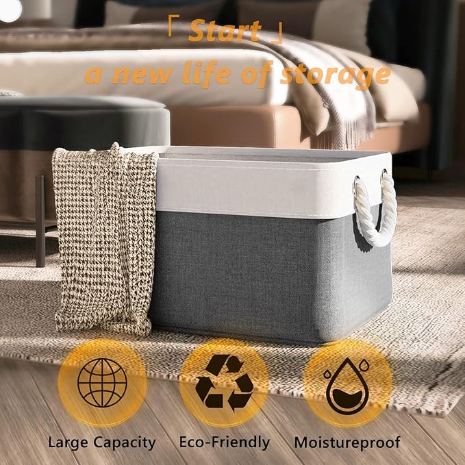 Organization and Storage Basket for Organizing- 16x12x8 inch 1 Pack Fabric Storage Cubes, Collapsible Storage Bins for Shelves Organizer Gift Closet Cloth Toy (White & Grey) - Image 4