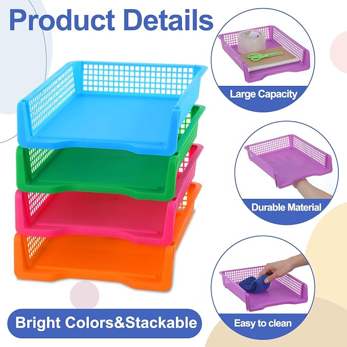 16 Pack Colorful Plastic Turn in Paper Trays for Classroom Storage Bin Basket Organizers for School Teacher Supplies Classroom Office Home Organization Storage Tray Holds 4A Paper File Document - Image 3