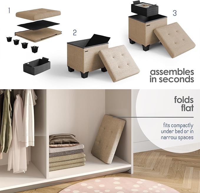Storage Ottoman Cube with Small Bin, 15-in Square Ottoman with Storage for Living Room and Bedroom, Small Ottomans Foot Rest, Fabric Foot Stools Ottomans Max 330lbs, Taupe - Image 9