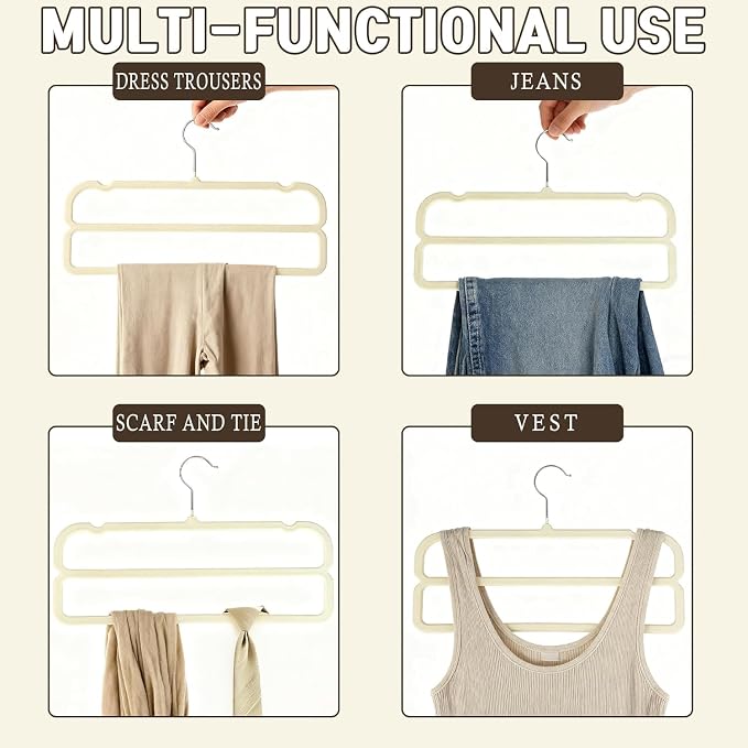 VSV stoage Velvet Pants Hangers with Double Non Slip Bar - Multiple Velvet Hangers for Closet - Thin Space Saving Clothes Hanger - 360° Swivel Felt Trouser Hanger Perchas Terciopelo 10 Pack (Beige) - Image 4
