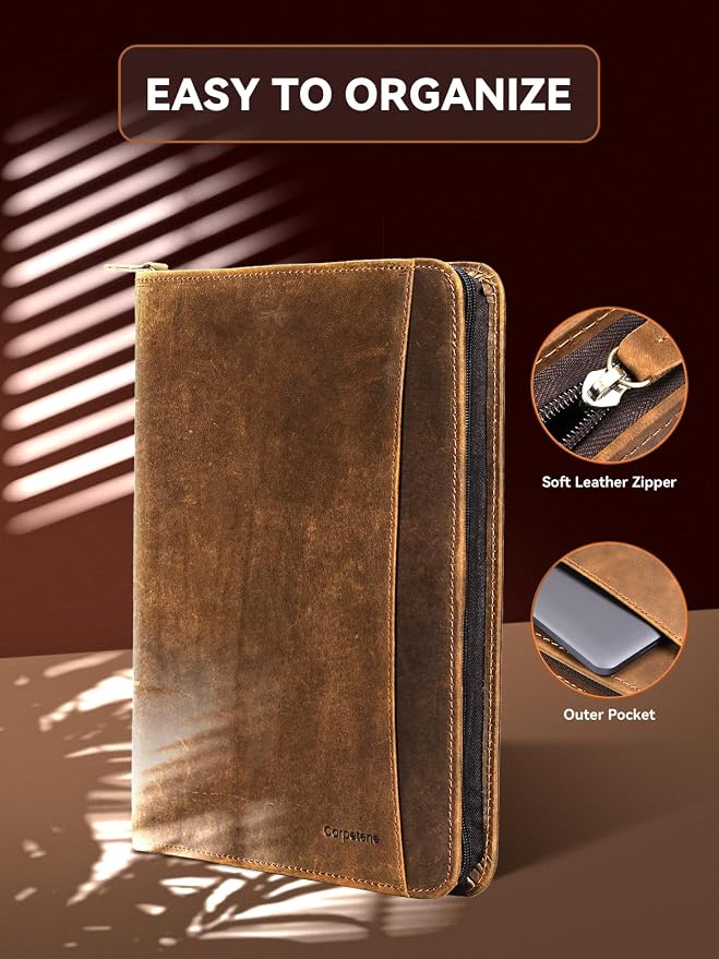 Genuine Leather Portfolio, Professional Padfolio Binder Organizer with Zipper, Stylish Brown Cowhide Padfolio for Men Women, Leather Folio Folder for Business, Legal A4/Pad Holder Compatible - Image 4