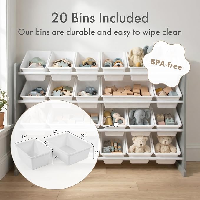 Humble Crew Kids Toy Organizer with 20 Bins, 4 Tier Storage for Playroom | Sturdy wood and steel toddler shelf, removable BPA-free containers, wall anchor anti-tip safety kit for bedroom or classroom - Image 3