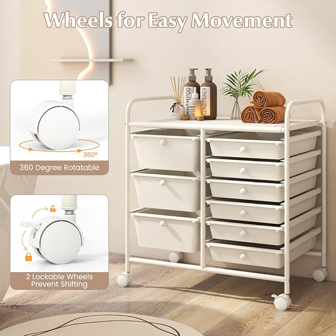 RELAX4LIFE 9 Drawer Rolling Storage Cart - Mobile Drawer Carts for Craft Art Supply Paper Salon, Utility Cart on Wheels for Classroom Teacher School Office, Rolling Cart with Drawers (Ivory White) - Image 7