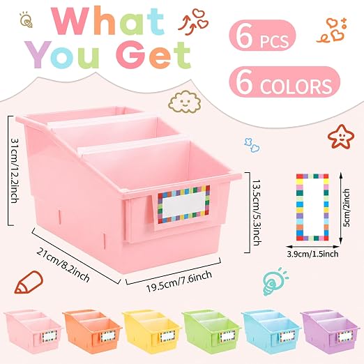 gisgfim 6 Pack Picture Book Bin with Dividers Classroom Library Book Bin Small Plastic Books Holders with Labels for Classroom Library Magazines Storage Organizer 13.5 x 8.75 x 7.75 in(Candy) - Image 2