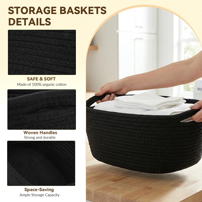 10 Pack Black Small Woven Baskets for Organizing, 11.5"x7.5"x4.7" Cotton Rope Storage Bins, Sleek Empty Gift Baskets for Modern Home, Office, Bathroom Shelf & Closet Organization - Image 3