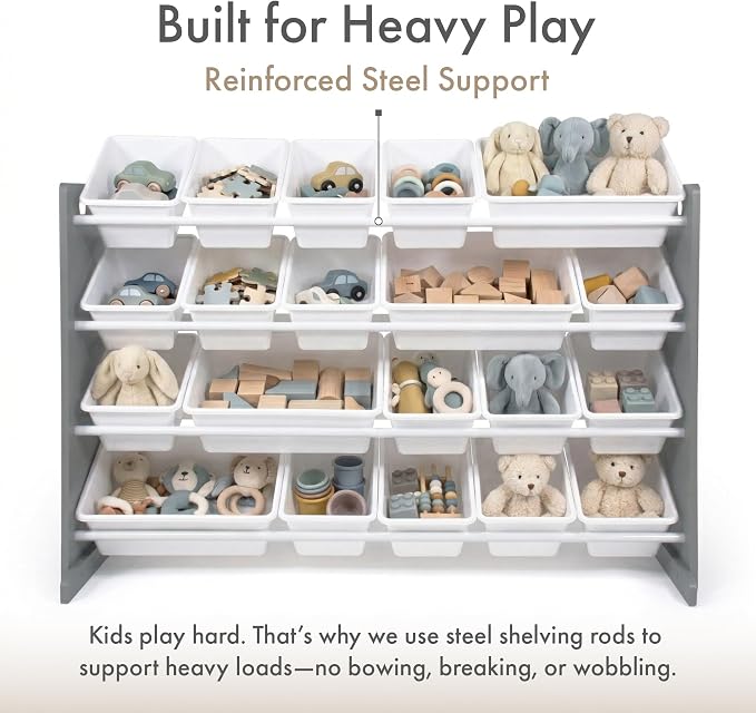Humble Crew Kids Toy Organizer with 20 Bins, 4 Tier Storage for Playroom | Sturdy wood and steel toddler shelf, removable BPA-free containers, wall anchor anti-tip safety kit for bedroom or classroom - Image 4
