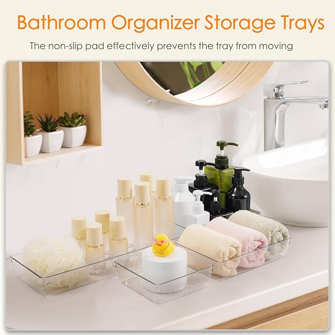 Drawer Organizer, 10 Pack Large Clear Plastic Set, 3 Size Versatile Bathroom and Vanity Organizer Trays, Storage Bins for Makeup, Bedroom, Kitchen Utensils - Image 6