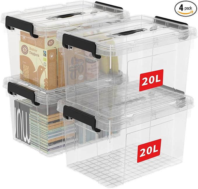 Cetomo Lidded Storage Bin with Handle, Storage Bins with Lid, Organizing Container with Secure Latching Buckles, Stackable and Nestable, Plastic, 25 Quart-4 Pack, Clear by Cetomo