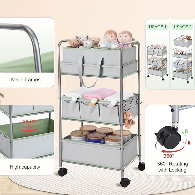 FoldTier 2in1 Colorful Baby Diaper Caddy Organizer Cart 3 Tier Large Capacity Metal Utility Bedside Rolling Cart with Divider for Newborn Nursery Essential Must Have Crib Bedroom Baby Shower(Green) - Image 3