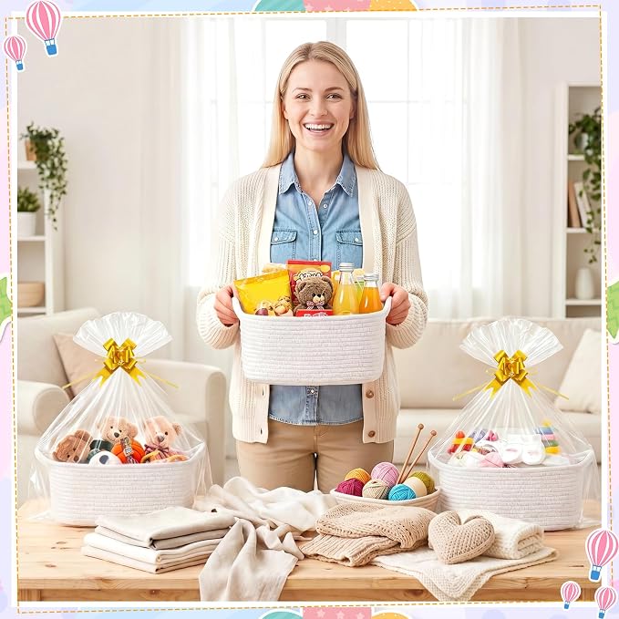 10 Pack Empty Gift Baskets, 12x8x5 Small White Woven Cotton Rope Baskets with Gift Bags & Ribbons, Decorative Baby Shower Hamper, Nursery Storage Basket with Handles for Shelves - Image 5