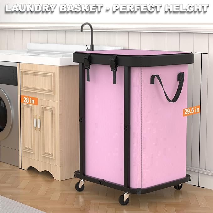 Laundry Basket with Wheels,150L (40 Gal) Rolling Hamper Carts - Pink | Leather Patchwork Laundry Hamper,Sturdy Metal Frame, Removable Washable Bag, Tall Clothes Sorter for Bedroom, Laundry Room - Image 4