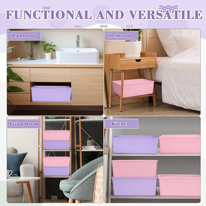 6 Pcs Large Plastic Storage Bins with Lids, Pink, Purple | 14.4 x 10.4 x 5.1 Inch, Stackable Storage Containers, Decorative Cubby Organizer for Clothes Shelves Garage Closet Office - Image 6