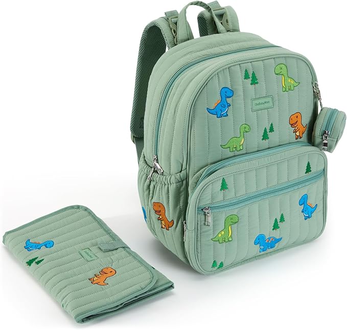 Large Diaper Bag Backpack with Changing Pad, Insulated Bottle Pockets, Travel & Hospital Bag for Mom & Dad (Large - Green Dinosaurs) - Image 7