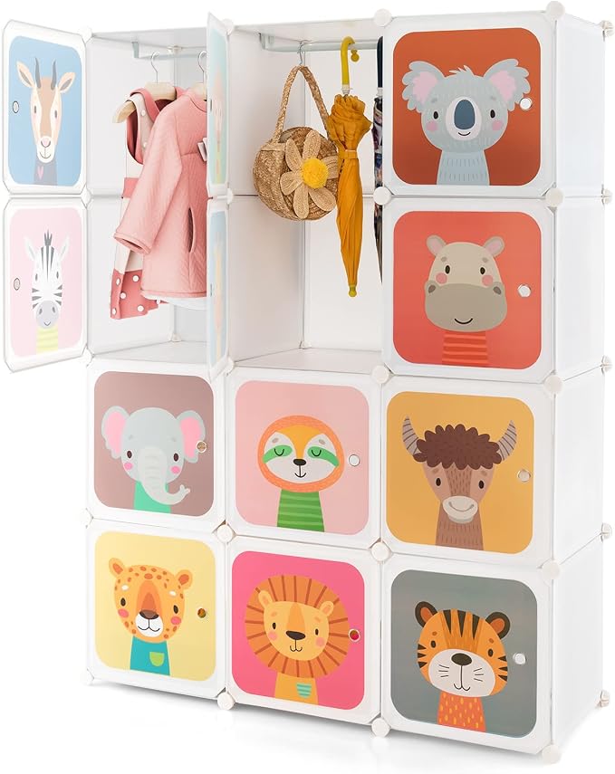 HONEY JOY Kids Wardrobe Closet, Baby Cartoon Clothes Storage Organizer, 12 Cubes & 2 Hanging Sections, Portable Children DIY Modular Bedroom Armoire Dresser Cabinet for Boys Girls (White) by HONEYJOY