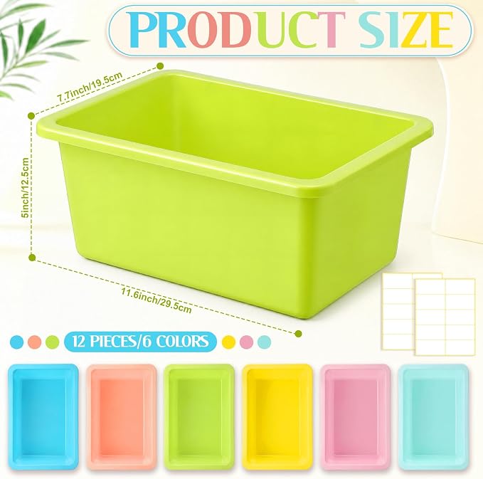 Thyle 12 Pieces Plastic Cubby Bins with Labels Classroom Book Bins Stackable Storage Container Durable Toy Storage Organizer Baskets for School Classroom Office (Classic,Light Color) - Image 2
