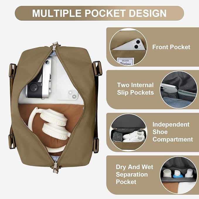 Travel Duffel Weekender Bag Women Tote Carry On Bags With Shoe Compartment | 18x14x8 inches Travel Overnight Bags with Trolley Sleeve for Airplanes Sport Tote Gym for Men Lightweight Daypack Khkai - Image 6