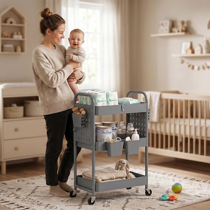 danpinera 3 Tier Rolling Cart with Retractable Dividers, Multi-Functional White Rolling Utility Cart with Pegboards, Hooks & Hanging Cups for Nursery, Living Room, Studio - Image 7
