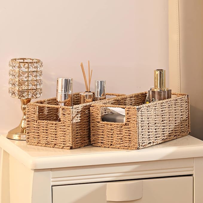 Wicker Storage Basket, Set of 2 Hand-Woven Paper Rope Wicker Basket, Small Storage Baskets for Organizing Toilet Paper, Foldable Large Cube Storage Organizer Bins for Shelves (Natural) - Image 4