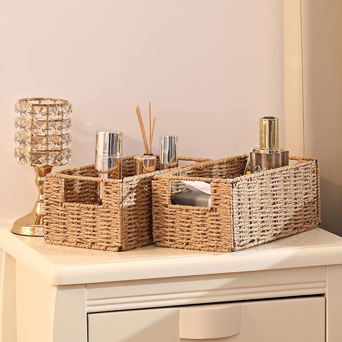 Wicker Storage Basket, Set of 2 Hand-Woven Paper Rope Wicker Basket, Small Storage Baskets for Organizing Toilet Paper Basket, Foldable Large Cube Storage Organizer Bins for Shelves (Natural) - Image 3