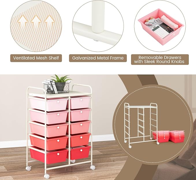 RELAX4LIFE Rolling Storage Cart with 10 Drawers - Craft Storage Cart with Lockable Wheels,Utility Cart, Art Cart Organizer for Crafting Storage, Studio, Office, Home, School Rolling Drawer Cart - Image 5