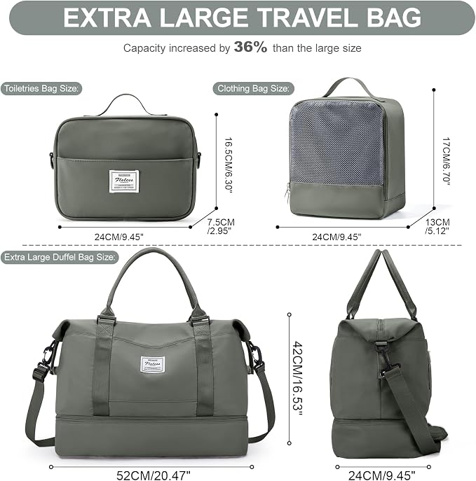 Weekender Bags for Women, Carry-On Overnight Travel Duffel Bag | Travel Bag with Shoes Compartment & Toiletry Bag, Extra Large, 3 Pcs Set - Image 4
