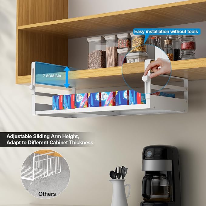 AmonHouseware 2Pack Expandable Under Shelf Storage Basket Organizer,White | Adjustable Hanging,Length Stretchable13-21Inch,Under Cabinet Shelf for Laundry Room Kitchen Pantry Desk Counter Cupboard - Image 3