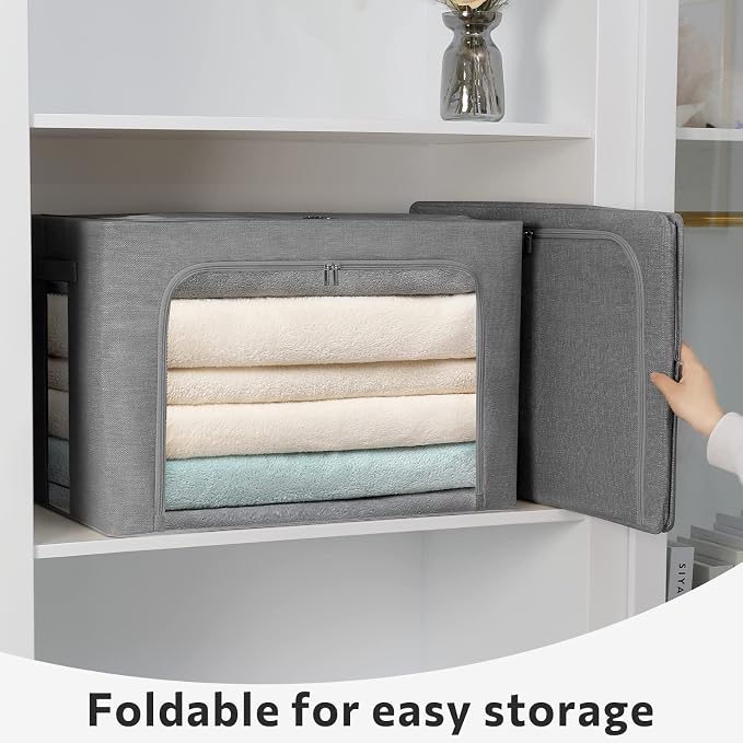 FHSQX 2 Pack Clear Window Storage Bins Large Foldable Fabric Storage Bins Boxes for Clothes Stackable Organizer Set with Carrying Handles19.7X 15.7X 12.6 Inches - Image 5