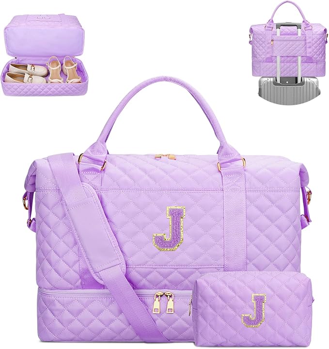 Personalized Gifts Spend The Night Bags for Women(Purple,J) | Birthday Gifts for Girls-Overnight Bags with Makeup Bag-Weekend Bags with Shoe Compartment by Unknown