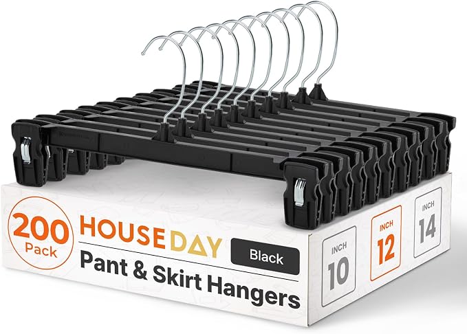 HOUSE DAY Black Pants Hangers with Clips 200 Pack, 12 Inch Skirt Hangers | Non-slip clips hold trousers, skirts, shorts and jeans; 360° swivel hook allows easy access for everyday adult wardrobes by HOUSEDAY