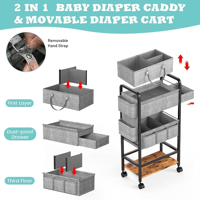 LIDTOP 2In1 Baby Diaper Caddy & 4-Tier Rolling Diaper Cart, Diaper Caddy Organizer Cart with Dividers & Drawer, Mobile Metal Bedside Cart for Nursery Essentials Storage, Large Capacity - Image 3