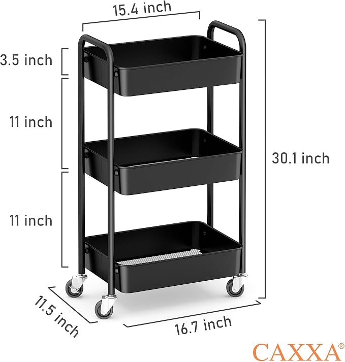 CAXXA 3-Tier Rolling Metal Storage Organizer - Mobile Utility Cart, Kitchen Cart with Caster Wheels (Black) - Image 2