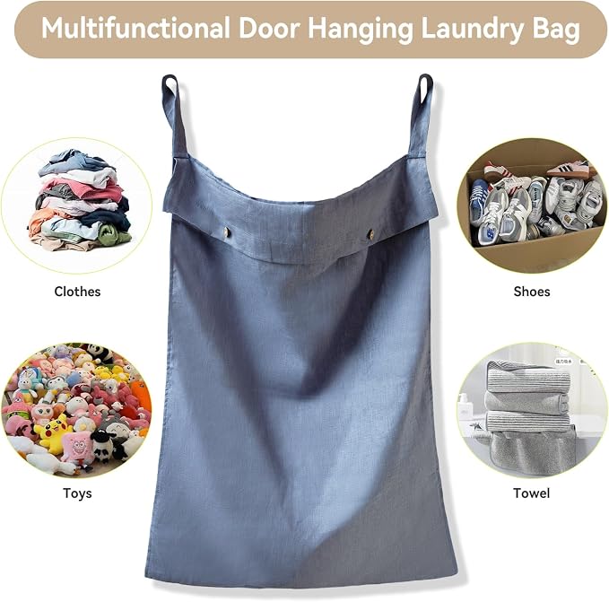 100% Linen Hanging Laundry Hamper Bag 20x27Inch, Over the Door with 2 Buttons and Bottom Zipper Saving Space Wall Back organizers For Dirty Clothes Dorm Travel College Camp Sock Large Capacity,Blue - Image 5