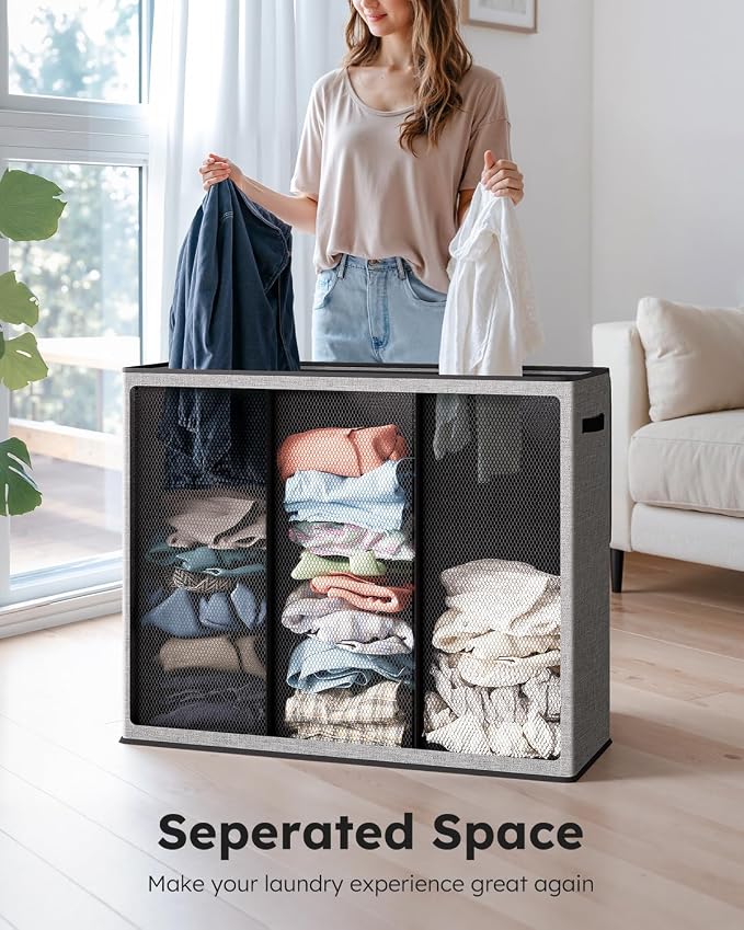 SOLEDI Large Laundry hamper 3 Section with Laundry Bag, XL Clothes Basket | 3-Section Large capacity Laundry Sorter with Odor-Blocking Lid, Robust Iron Frame & Waterproof 600D Fabric, 3 Washable Bags - Image 2