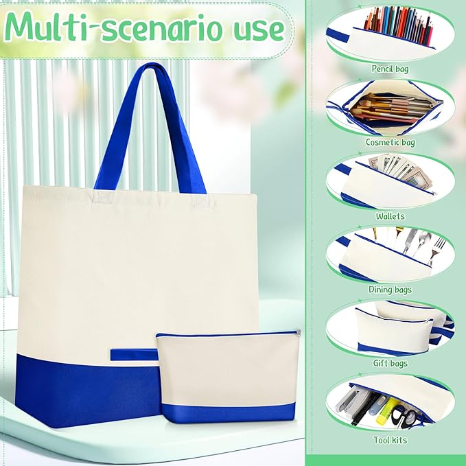Sanwuta 30 Pcs Canvas Tote Bags Bulk with Zipper Cosmetic Pouch,Navy Blue | 18.5" Reusable Cotton Shopping Bag with Handle for DIY Craft - Image 5