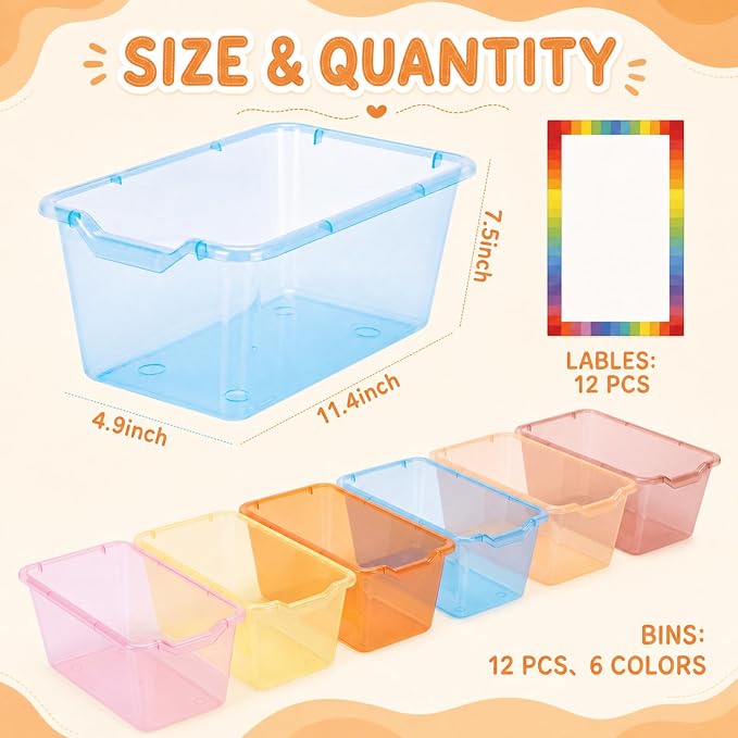 Funrous 12 Pack Plastic Cubby Bins for Classroom, Stackable Storage Bins with Rainbow Labels and Handles Cubby Organizer Containers for Teacher Supplies Home Office Daycare and Playroom (Orange) - Image 2