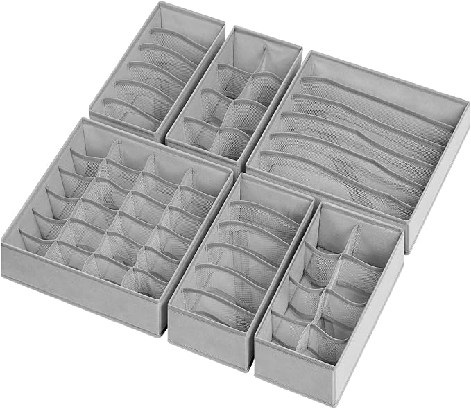 6 Pack Sock Underwear Drawer Organizer Dividers, 58 Cell Foldable Fabric Dresser Closet Organizers and Storage Bins for Clothing, Baby Clothes, Bra, Panty, Scarf, Ties (Grey) - Image 8