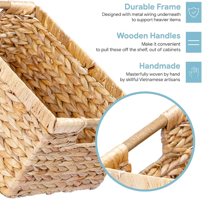 Large Wicker Basket Rectangular with Wooden Handles for Shelves, Water Hyacinth Basket Storage, Natural Baskets for Organizing, Wicker Baskets for Storage 14.5 x 10.3 x 7.5 inches - 3 Pack - Image 3
