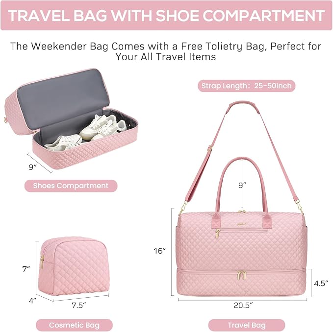 Travel Weekender Bags for Women - Duffle Bag Women with Shoe Compartment Carry On Overnight Bag with Toiletry Bag Duffel Bags with Wet Pocket for Gym Hospital Bags for Labor and Delivery Pink - Image 3