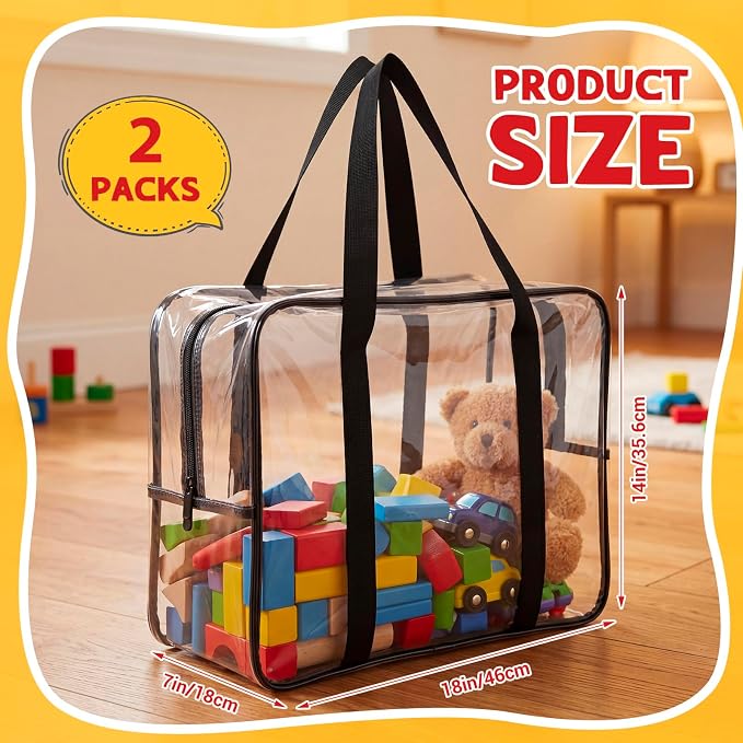 2 Pack Extra Large Clear Toy Storage Bags, 14x18x7 in, Black | Thick PVC Organizer Bags, with Zipper Handles, Ideal for Blocks, Puzzles, Stuffed Animals and Playroom Organization - Image 2