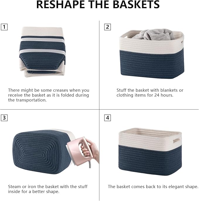 4 Pack Storage Baskets for Organizing, Woven Baskets for Shelves - Perfect for Toys, Books, Towels, and Clothes, Durable Gift Basket Bins Toy Storage, 12.7''L x9''W x7.8''H, Blue and White - Image 6