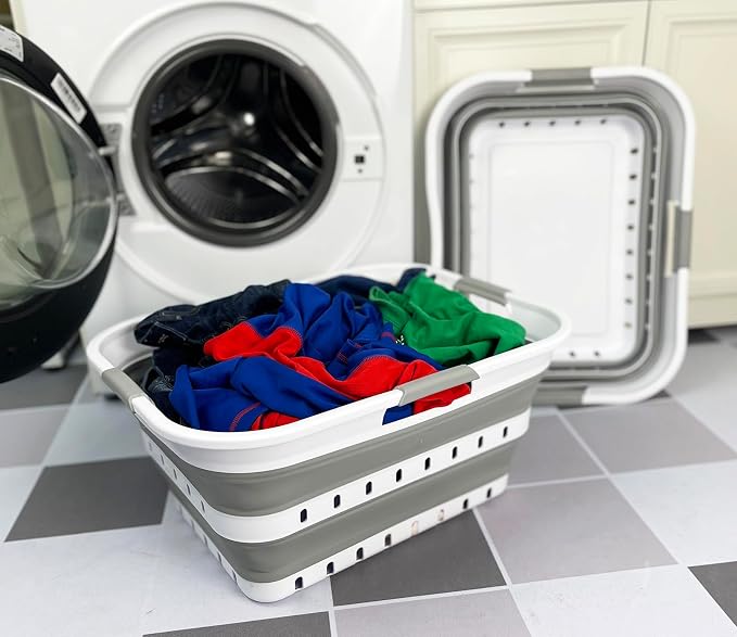 SAMMART 42L (11 gallons) Set of 2 Plastic Foldable Storage Basket/Container - Collapsible, Space Saving and Portable Laundry Hamper, Ideal for Home, Travel, Dorm, and Camping (2, White/Grey) - Image 2