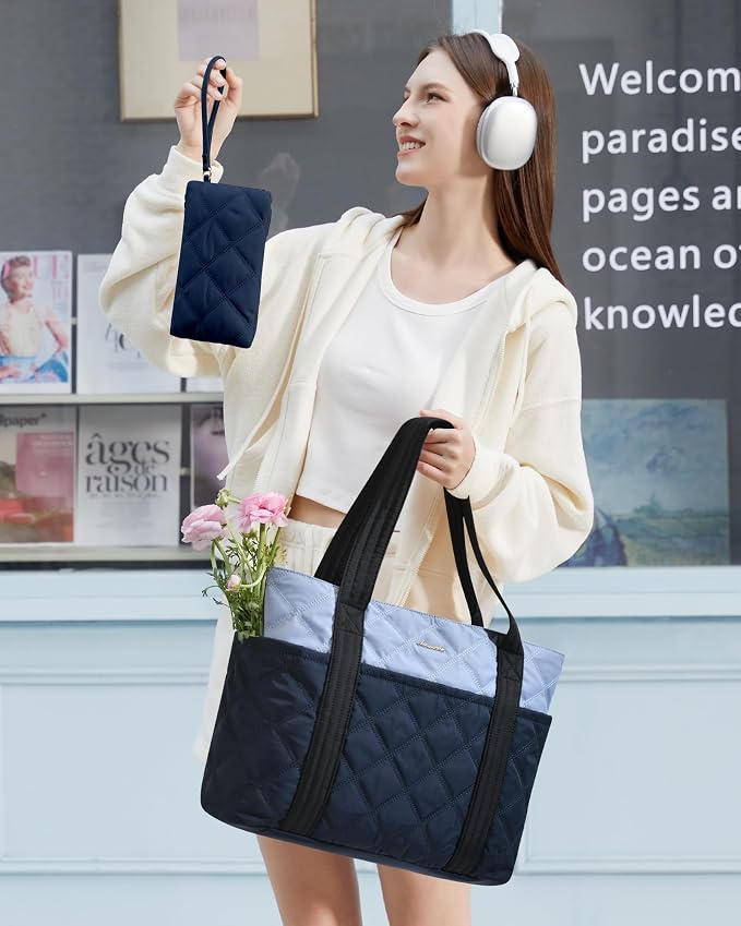 LOVEVOOK Puffer Tote Bag for Women, Puffy Work Handbag with Cup Holder, Travel Carry On Bag with Zipper for Teacher Nurse Gym - Image 3