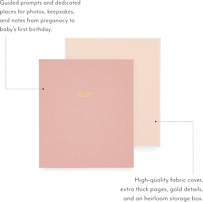 Sugar Paper Baby Keepsake Book, Memory Book from Pregnancy to First Year, Milestone Journal with Pocket Storage, Baby Shower Idea, Gender Neutral Gift, Cloth Hardcover, Rose Linen - Image 2