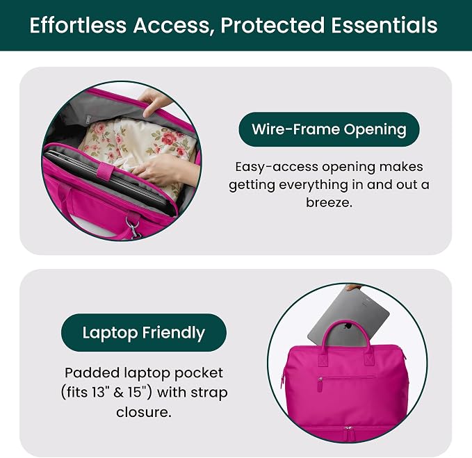 Nobl Travel Weekender Bag for Women & Men, Large Carry-On Duffel, Hot Pink | Leather Overnight Tote with Trolley Sleeve, Separate Shoe Compartment & Laptop Pocket for Airplane, Gym & Road Trips - Image 2