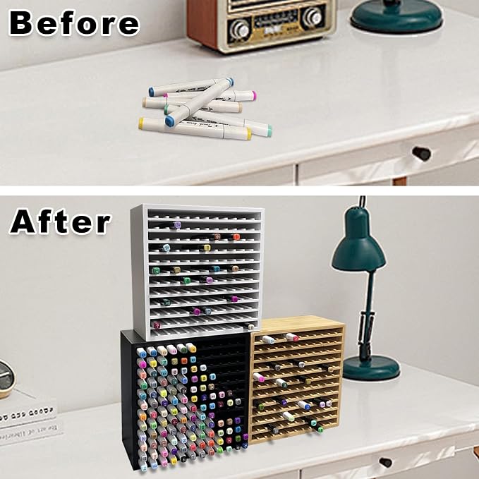 MinBoo Bamboo Art Supply Storage Rack - Wooden Marker Organizer for 144 Markers, Pens, Colored Pencils, Paint Brushes (White) - Image 7
